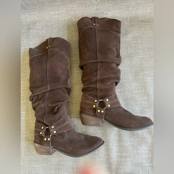 Restricted crunched Brown Suede Cowboy Knee-High Boots size - Picture 4 of 16